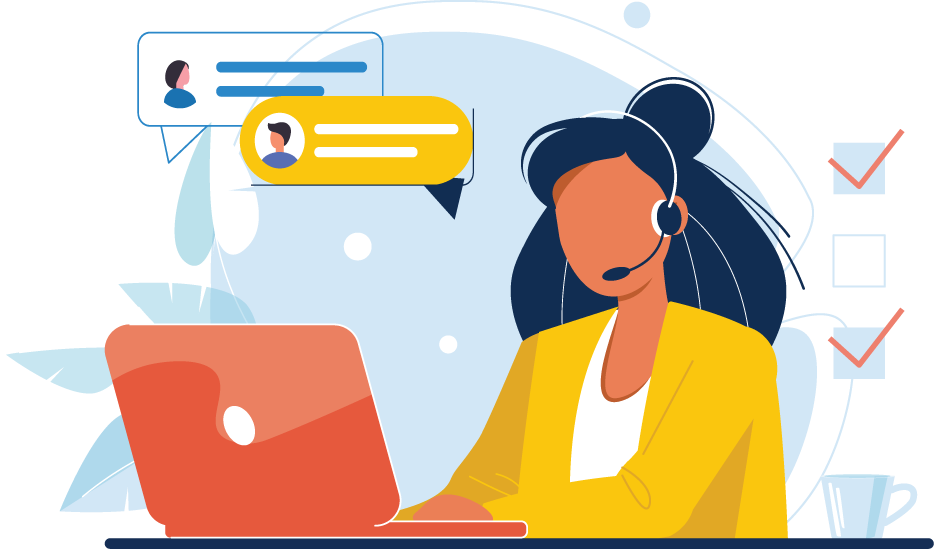 Contact us landing page. Woman with headphones and microphone with a computer. Customer support service, call center, hotline concept flat vector illustration. Online global technical support 24 to 7.